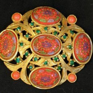 Rare Hattie Carnegie Red Moroccan Mosaic Rhinestone Brooch